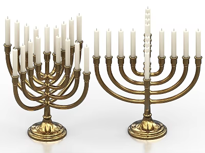 Traditional Gold Base Candelabra With Multi Branch Design And White Candles 3d model