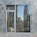 Large Glass Door On Gray Marble Wall Reflecting City Skyscrapers With Light Colored Tile Floor