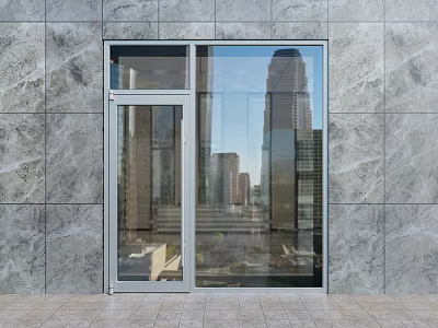 Large Glass Door On Gray Marble Wall Reflecting City Skyscrapers With Light Colored Tile Floor 3d model
