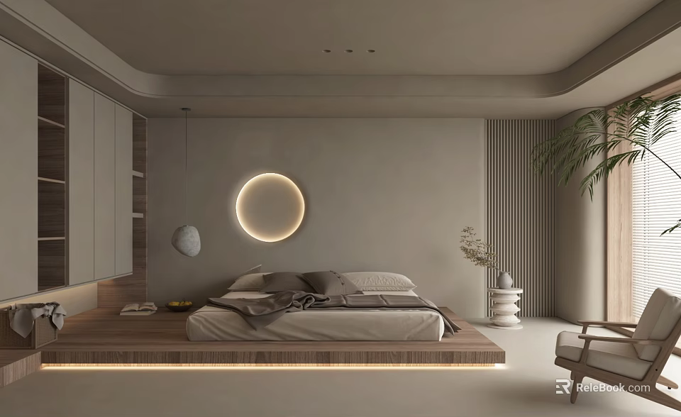 Modern Minimalist Bedroom With Round Pendant Light Wooden Platform Bed Storage Cabinets And Potted Plant 3d model 