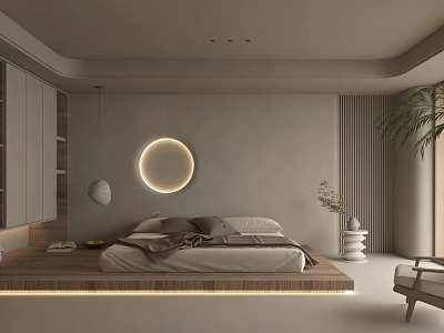 Modern Minimalist Bedroom With Round Pendant Light Wooden Platform Bed Storage Cabinets And Potted Plant 3d model
