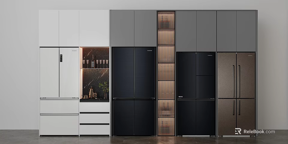 Modern Kitchen Refrigerators In White Black Gray And Brown With Sleek Cabinets 3d model 