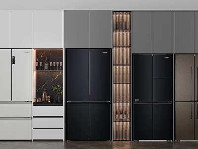 Modern Kitchen Refrigerators In White Black Gray And Brown With Sleek Cabinets 3d model