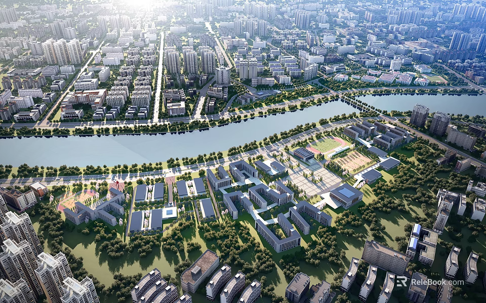 Aerial Planning of Urban Layout with River Green Spaces and Buildings 3d model 
