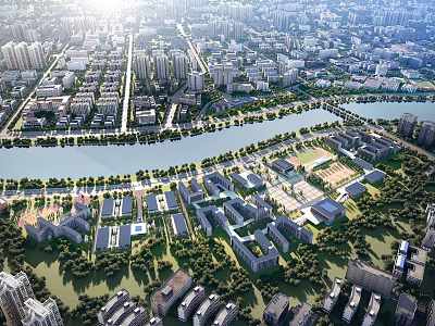 Aerial Planning of Urban Layout with River Green Spaces and Buildings 3d model