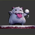 Cute Fluffy Cartoon Character Creature With Pink Tongue Holding White Ball On Red White Base
