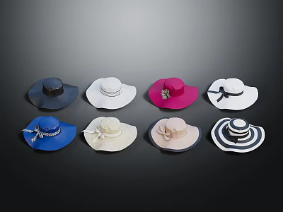 Various Colored Wide Brim Hats With Decorative Bows And Stylish Designs 3d model