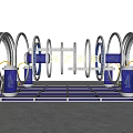 Shining Corridor Art Installation With Silver Ring Structures And Blue Lighting Effects
