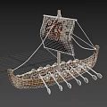 Ancient Wooden Ship With Decorative Sail And Intricate Patterns Rowing Oars And Side Shields