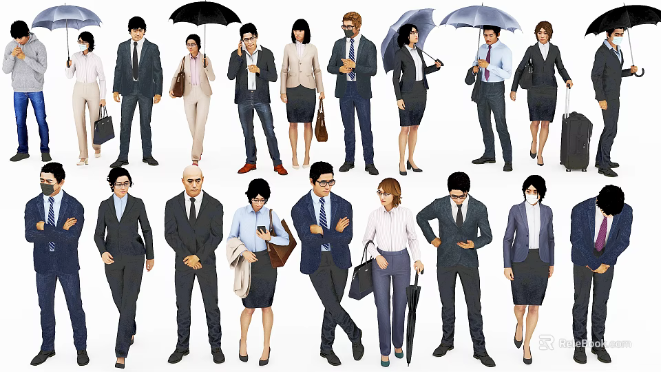 Group of Business Professionals in Formal Attire Standing in Different Poses with Bags and Umbrellas 3d model