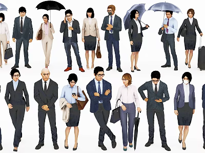 Group of Business Professionals in Formal Attire Standing in Different Poses with Bags and Umbrellas 3d model