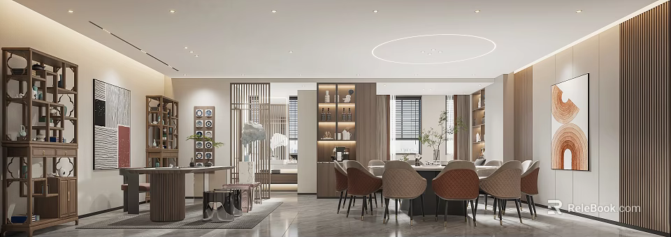 Elegant Modern Reception Room Interior With Dining Table Chairs Bookshelves And Ceiling Light 3d model