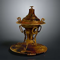 Golden Ornate Household Item With Curved Base Lid And Decorative Designs