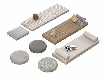 Soft Fabric Floor Cushions And Padded Bench With Neutral Tones For Home Decor 3d model