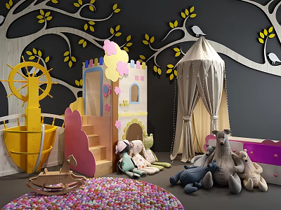Cute Stuffed Dolls In Kids Playroom With Toy Castle Tent And Colorful Balls 3d model