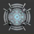 Ancient Stone Sculpture Carving With Circular Platform And Glowing Blue Pillars