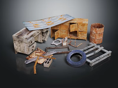Rusty Metal Items Old Wooden Boards With Discarded Parts Barrel Wheel And Debris 3d model