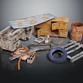 Rusty Metal Items Old Wooden Boards With Discarded Parts Barrel Wheel And Debris