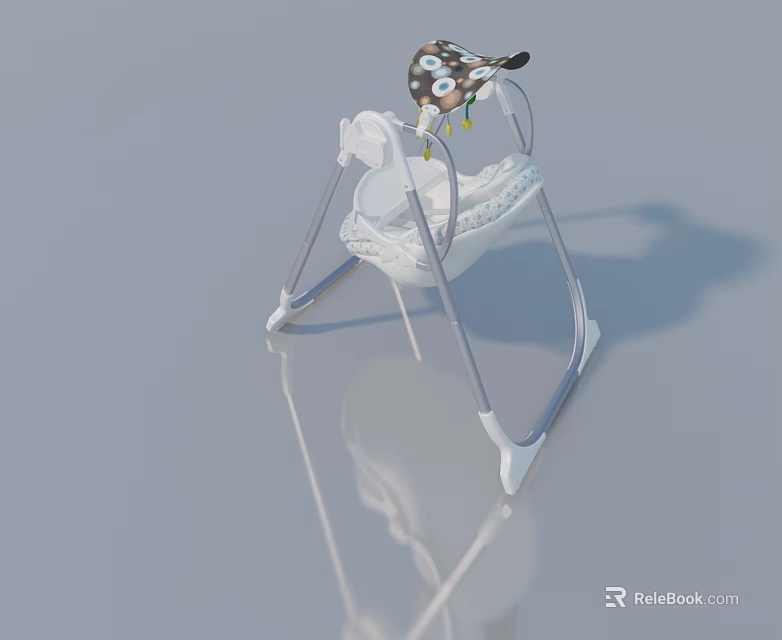 White Frame Baby Swing With Polka Dot Hat And Yellow Decorations On Gray Background 3d model 