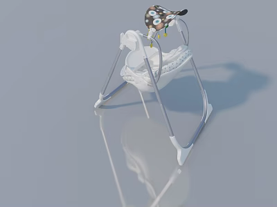 White Frame Baby Swing With Polka Dot Hat And Yellow Decorations On Gray Background 3d model