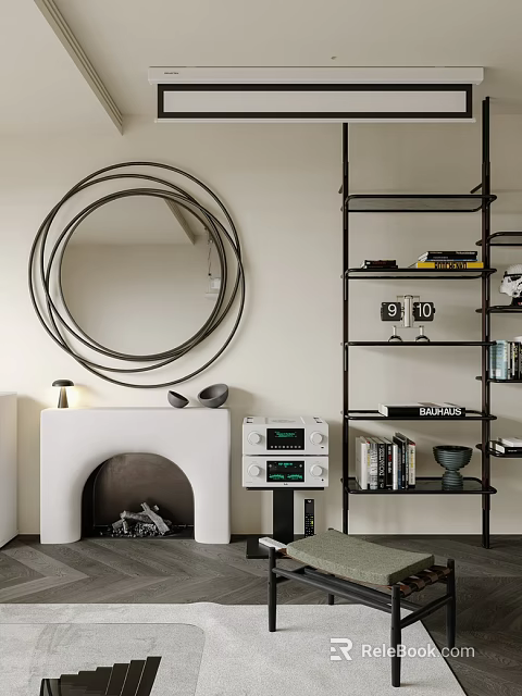 Black Metal Shelving Unit with Books Decorative Items and Round Mirror in Living Room 3d model 