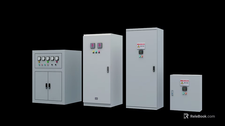 White Industrial Electrical Control Cabinets With Various Sizes And Control Panels 3d model 