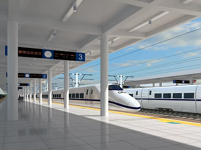 Modern Railway Station Platform Featuring High Speed Train White Columns And Signage 3d model