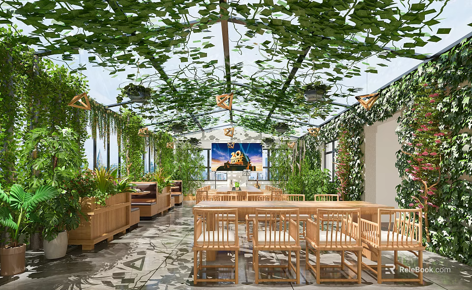 Lush Vine Covered Glass Ceiling Restaurant With Wooden Tables Chairs Indoor Plants And Decorative Painting 3d model 