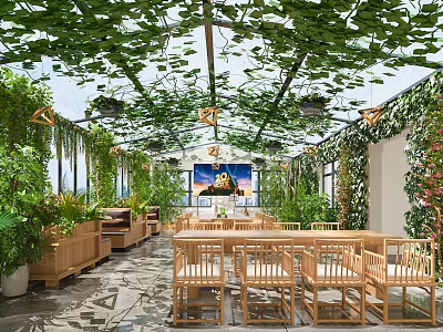 Lush Vine Covered Glass Ceiling Restaurant With Wooden Tables Chairs Indoor Plants And Decorative Painting 3d model