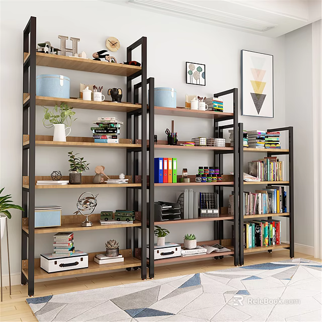 Modern Metal And Wood Shelving Unit Displaying Books Potted Plants Decorative Items And Storage Boxes 3d model 