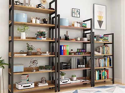 Modern Metal And Wood Shelving Unit Displaying Books Potted Plants Decorative Items And Storage Boxes 3d model