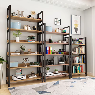 Modern Metal And Wood Shelving Unit Displaying Books Potted Plants Decorative Items And Storage Boxes 3d model