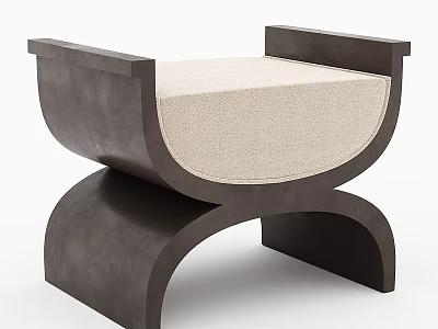 Modern Curved Sofa Stool With Dark Wood Frame And Beige Fabric Cushion 3d model