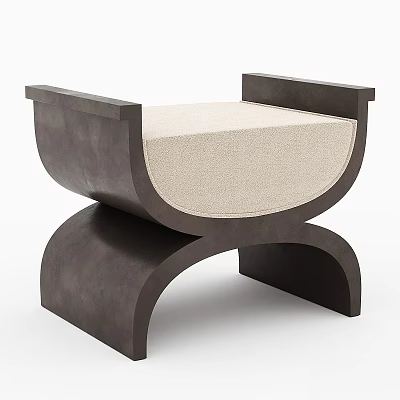 Modern Curved Sofa Stool With Dark Wood Frame And Beige Fabric Cushion 3d model