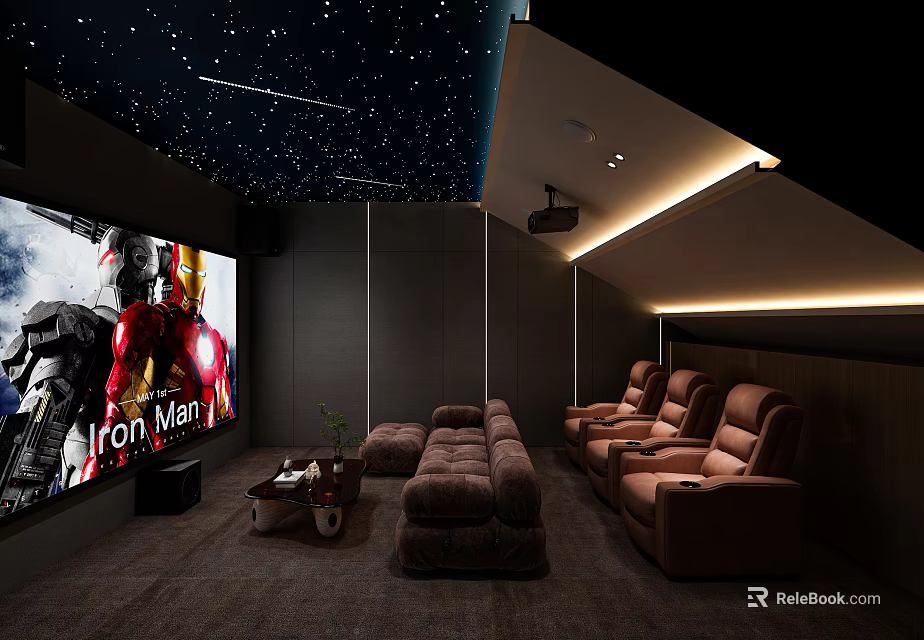 Modern Home Theater Room Interior With Starry Ceiling Large Screen Brown Sofas And Ambient Lighting 3d model