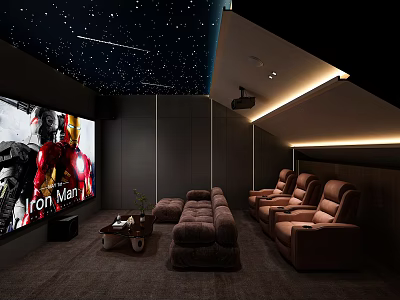 Modern Home Theater Room Interior With Starry Ceiling Large Screen Brown Sofas And Ambient Lighting 3d model
