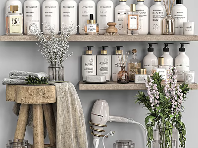 Natural Daily Bath Care Products Arranged On Shelves With Towels And Flowers 3d model
