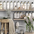 Natural Daily Bath Care Products Arranged On Shelves With Towels And Flowers