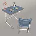Blue Children's Desk with Matching Chair Pink Lamp Stationery and Books