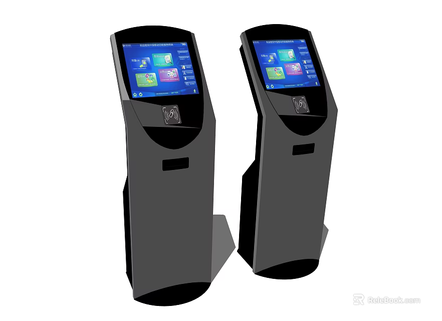 Public Facilities Featuring Two Black Self-Service Kiosks With Colorful Icons On Screens And Scanning Areas 3d model 