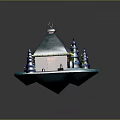 Small Wooden Cabin With Silver Metal Roof Ring Ornament And Blue Tower Trees On Icy Platform