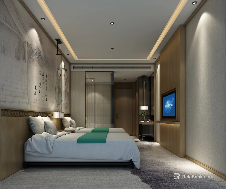 Modern Chinese Style Hotel Guest Room With King Bed Wooden Decor And Soft Lighting 3d model 