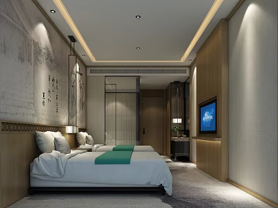 Modern Chinese Style Hotel Guest Room With King Bed Wooden Decor And Soft Lighting 3d model