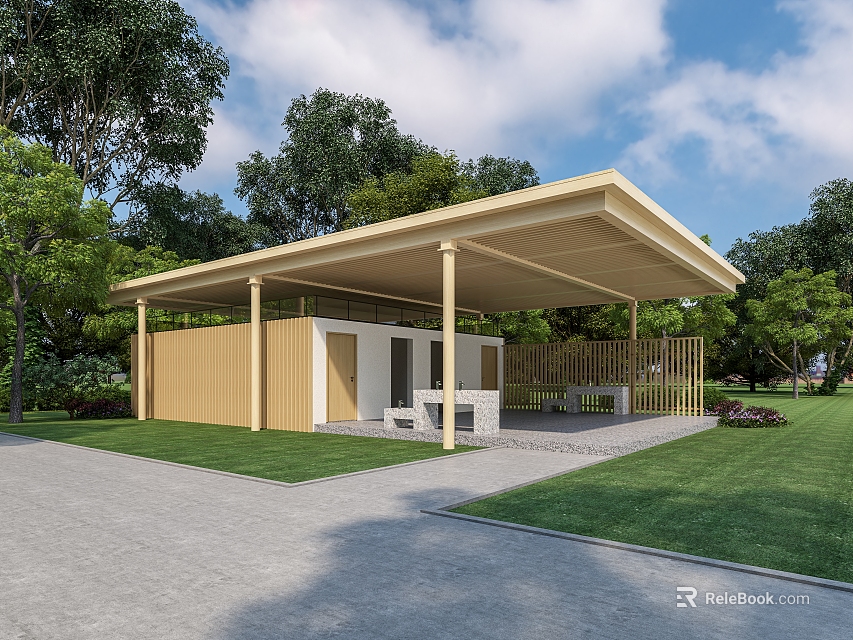 Outdoor Wooden Pavilion With Covered Roof Green Trees Lawn Gray Pavement And Seating 3d model 