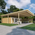 Outdoor Wooden Pavilion With Covered Roof Green Trees Lawn Gray Pavement And Seating