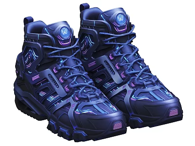 Futuristic High Top Deep Blue Sport Shoes With Luminous Purple Accents And Tech Design 3d model