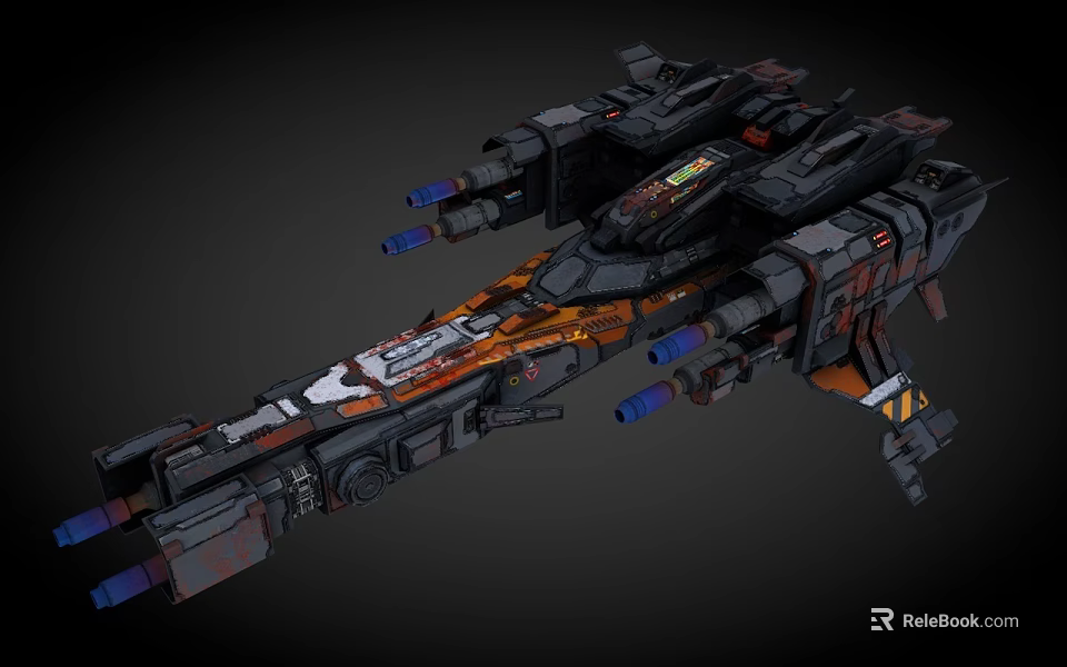 Detailed Sci Fi Spaceship 3D Render With Orange Black Color And Blue Thrusters 3d model