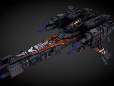 Detailed Sci Fi Spaceship 3D Render With Orange Black Color And Blue Thrusters 3d model