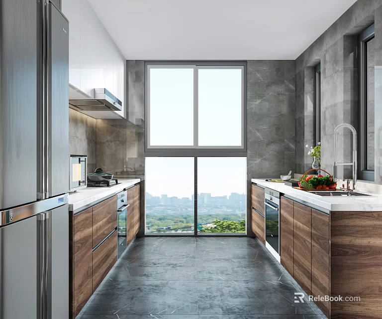 Modern Open Concept Kitchen Interior With Island Counter Cabinets And Appliances 3d model 