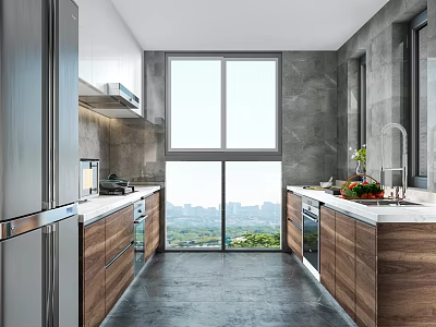 Modern Open Concept Kitchen Interior With Island Counter Cabinets And Appliances 3d model